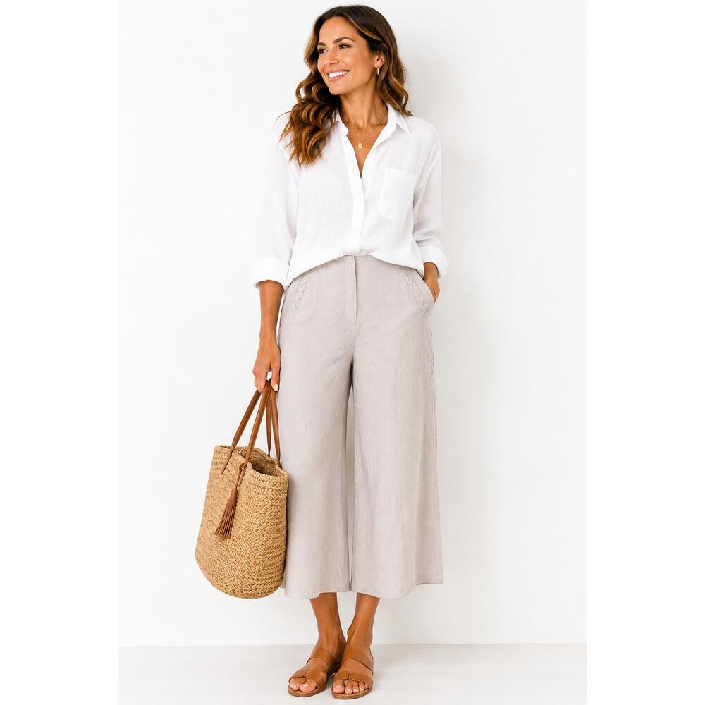 Jason Wu Linen Blend Wide Leg Crop Pants Women’s 6 Lined Neutral Coastal
